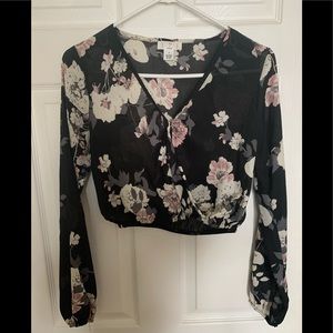 Black, Sheer Blouse with Flowers (Cropped)